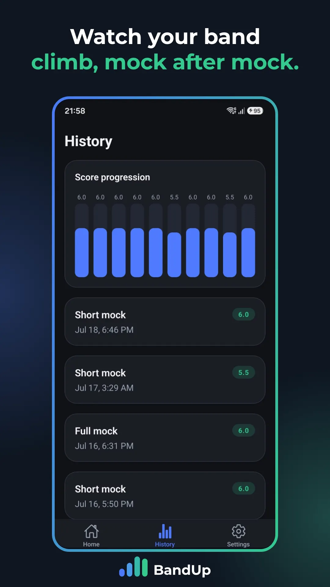 BandUp history screen with a score progression chart and a list of past short and full mock exams with their bands