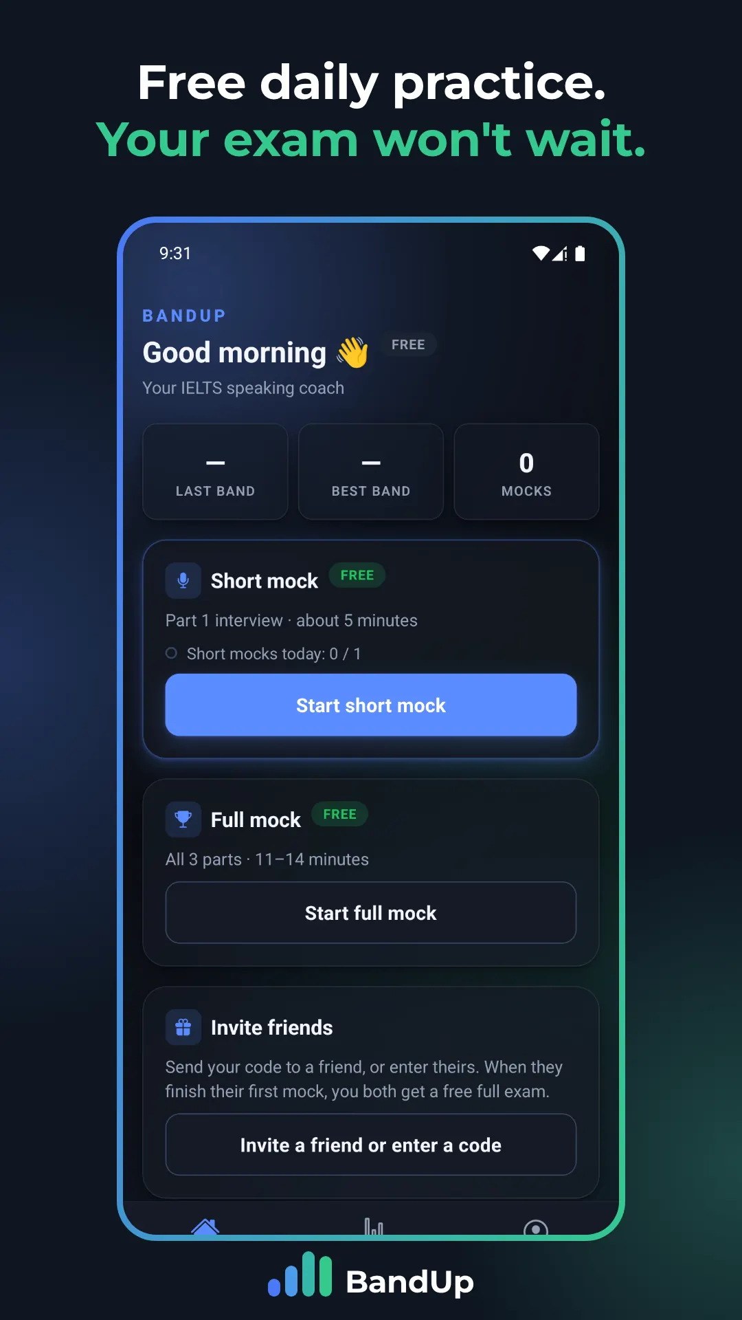 BandUp home screen offering a free short mock and a full three-part mock exam
